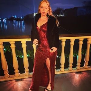 Red sequin evening dress